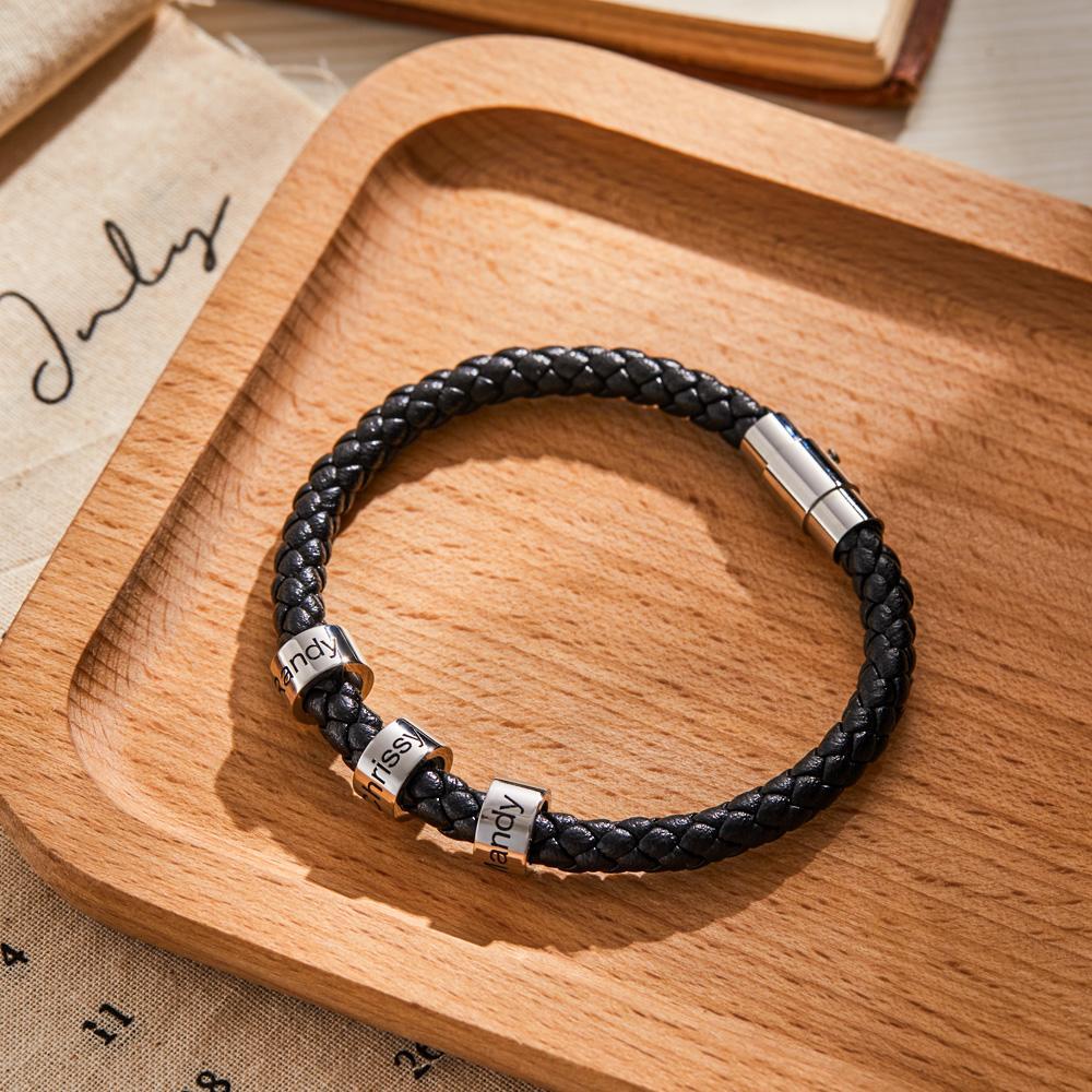 Custom Engraved Men's Bracelets Beads Simple Leather Gifts - 