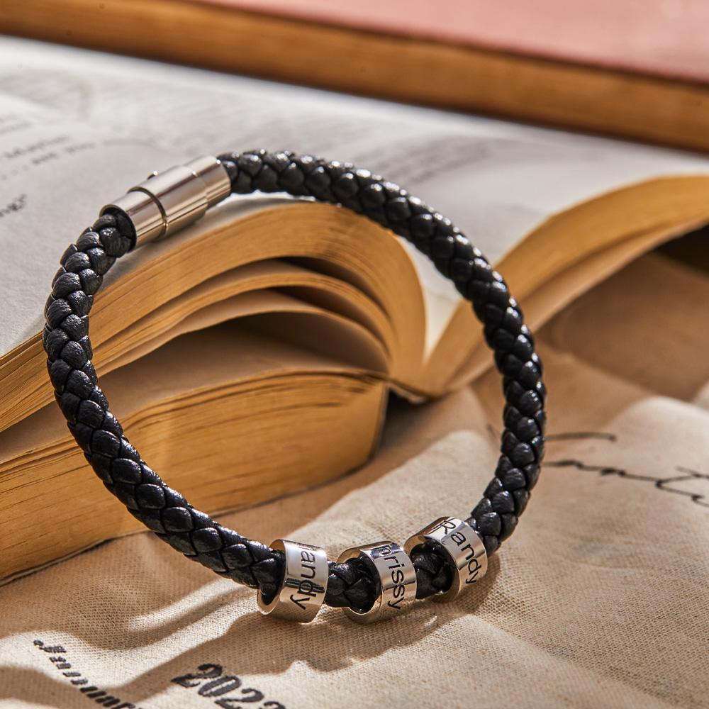 Custom Engraved Men's Bracelets Beads Simple Leather Gifts - 