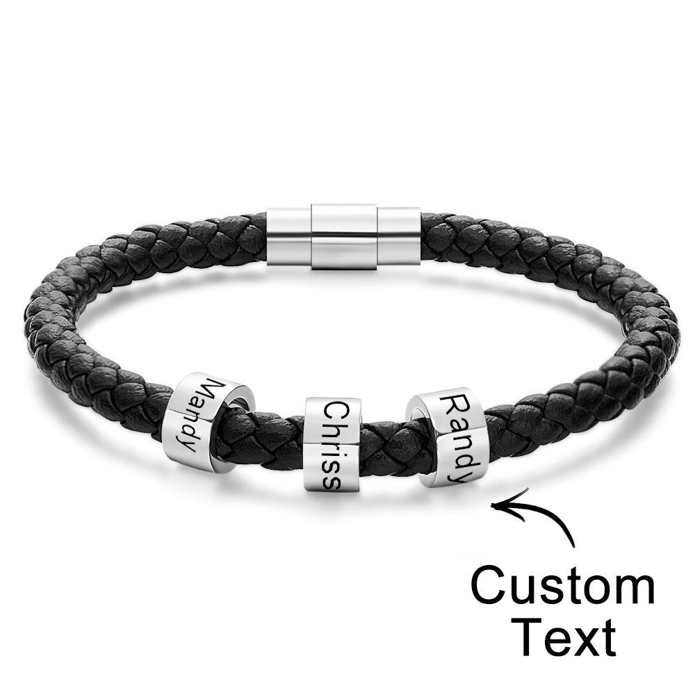 Custom Engraved Men's Bracelets Beads Simple Leather Gifts - 