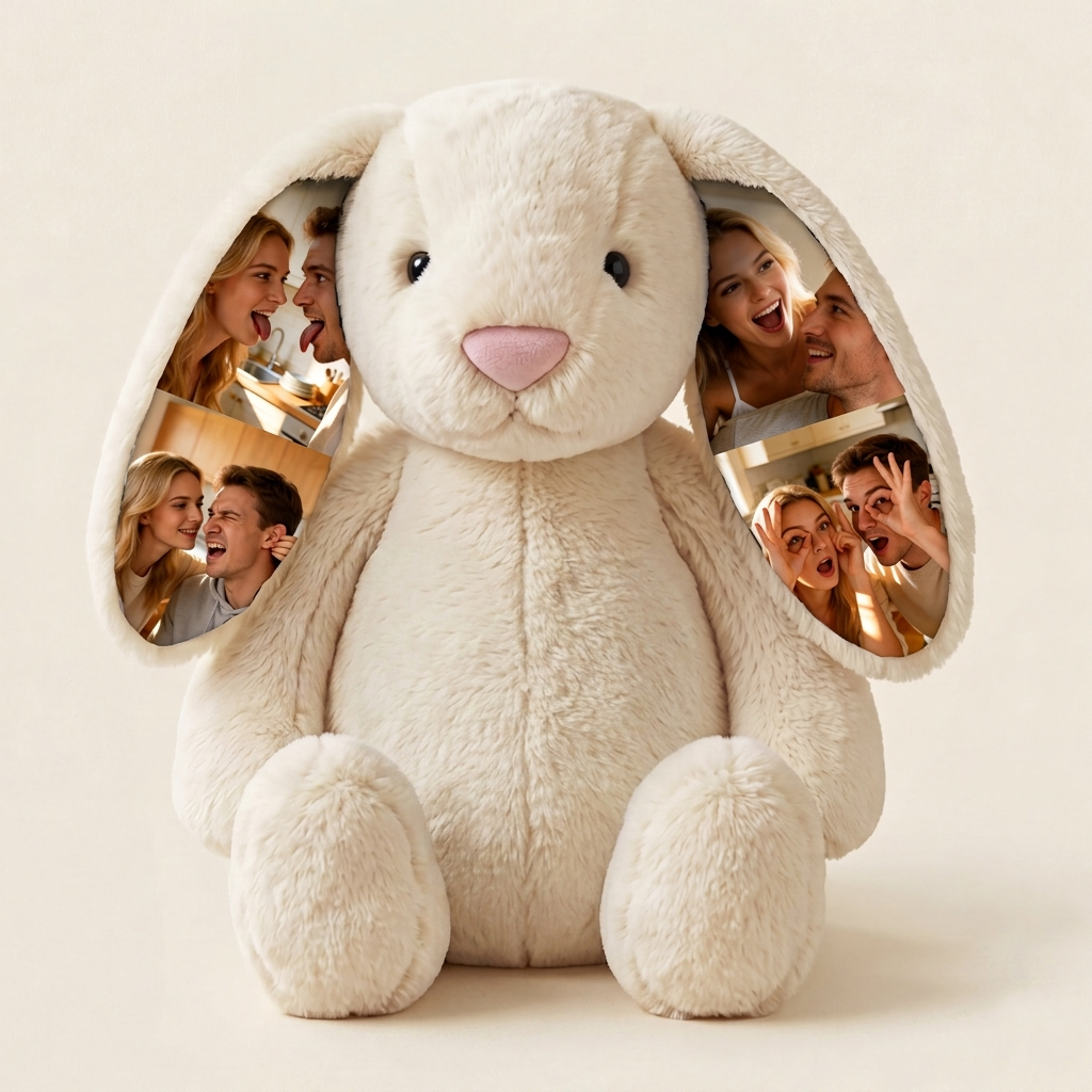 Custom Photo Bunny Plush – Personalized Hidden Ear Picture Bunny Gift for Couples Anniversary Gifts