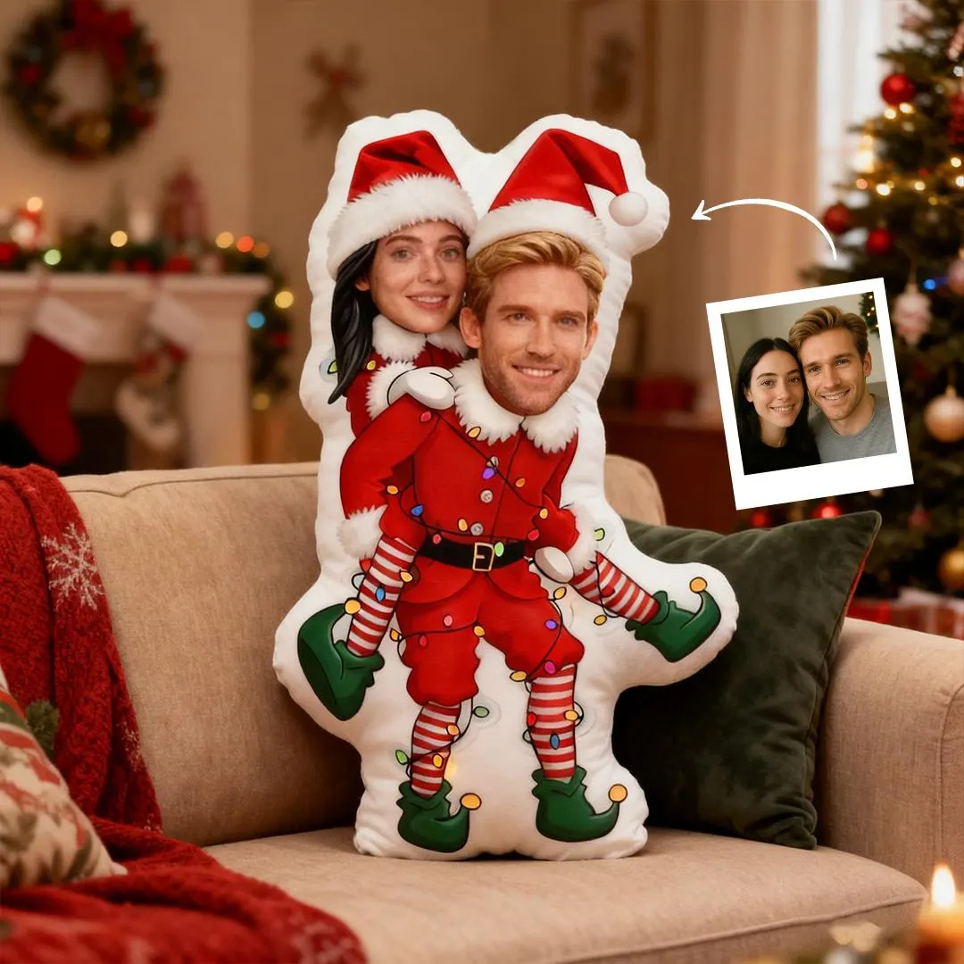 Custom Christmas Couple Pillow, Personalized Face Pillow, Funny Elf Santa Claus Body Cushion, Holiday Gift for Him Her, Xmas Decor - 