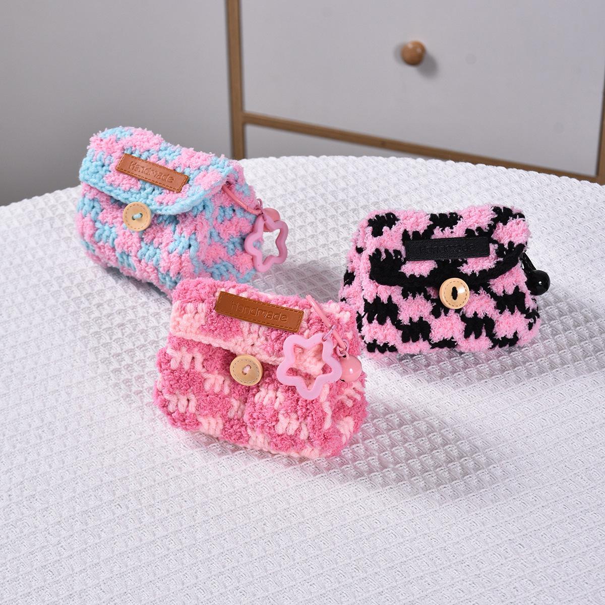 Knitted Checkerboard Coin Purse Bluetooth Earphone Bag Dopamine Universal Storage Bag Gifts for Women Girlfriends