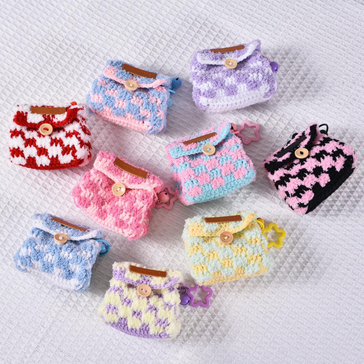 Knitted Checkerboard Coin Purse Bluetooth Earphone Bag Dopamine Universal Storage Bag Gifts for Women Girlfriends