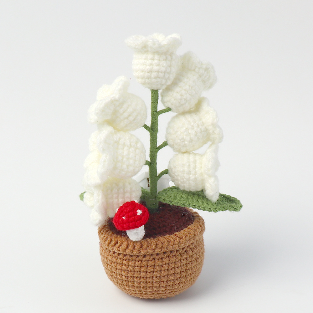 LED Light Crocheted Lily of the Valley - Glowing Potted Knit Flower Home Ambiance Decor