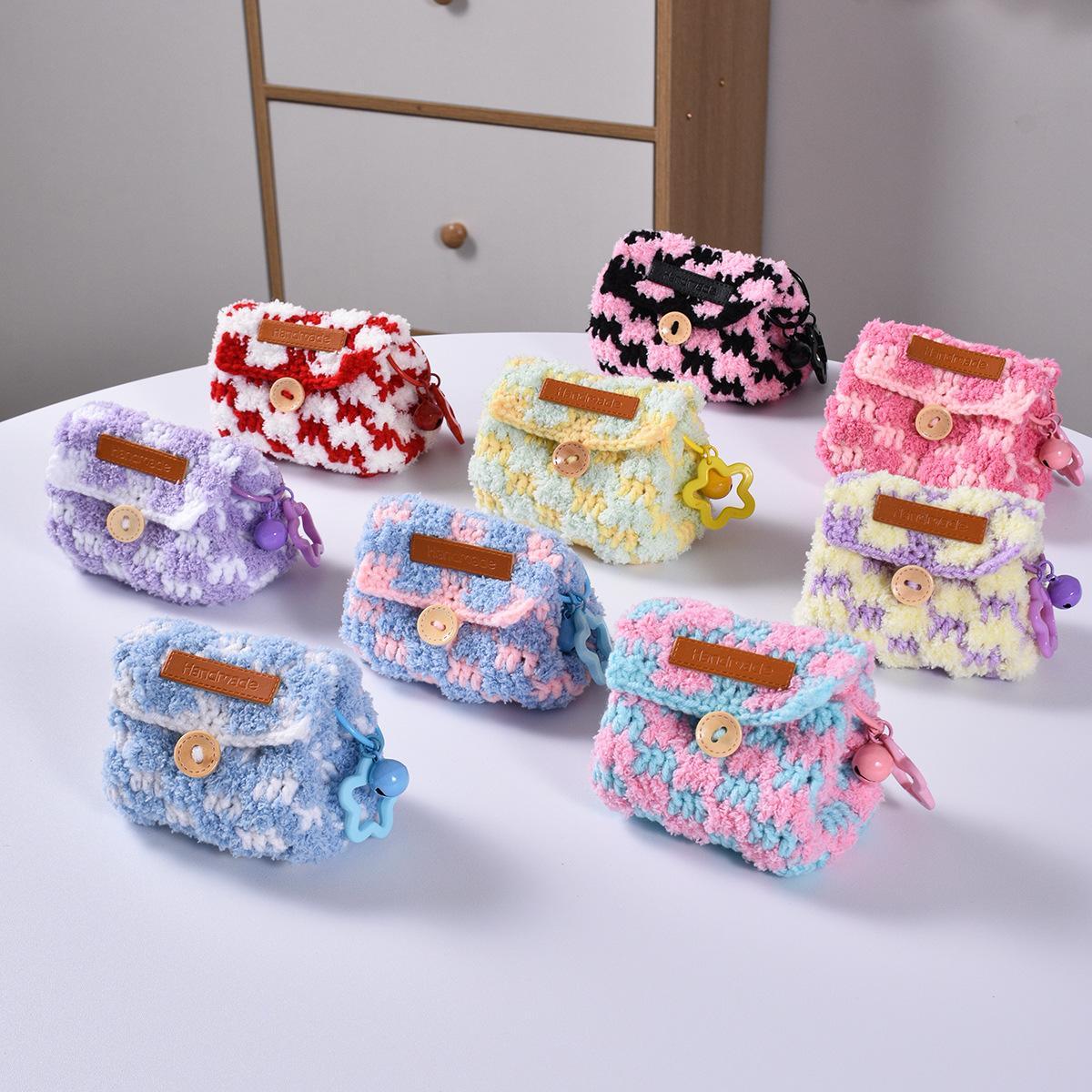 Knitted Checkerboard Coin Purse Bluetooth Earphone Bag Dopamine Universal Storage Bag Gifts for Women Girlfriends