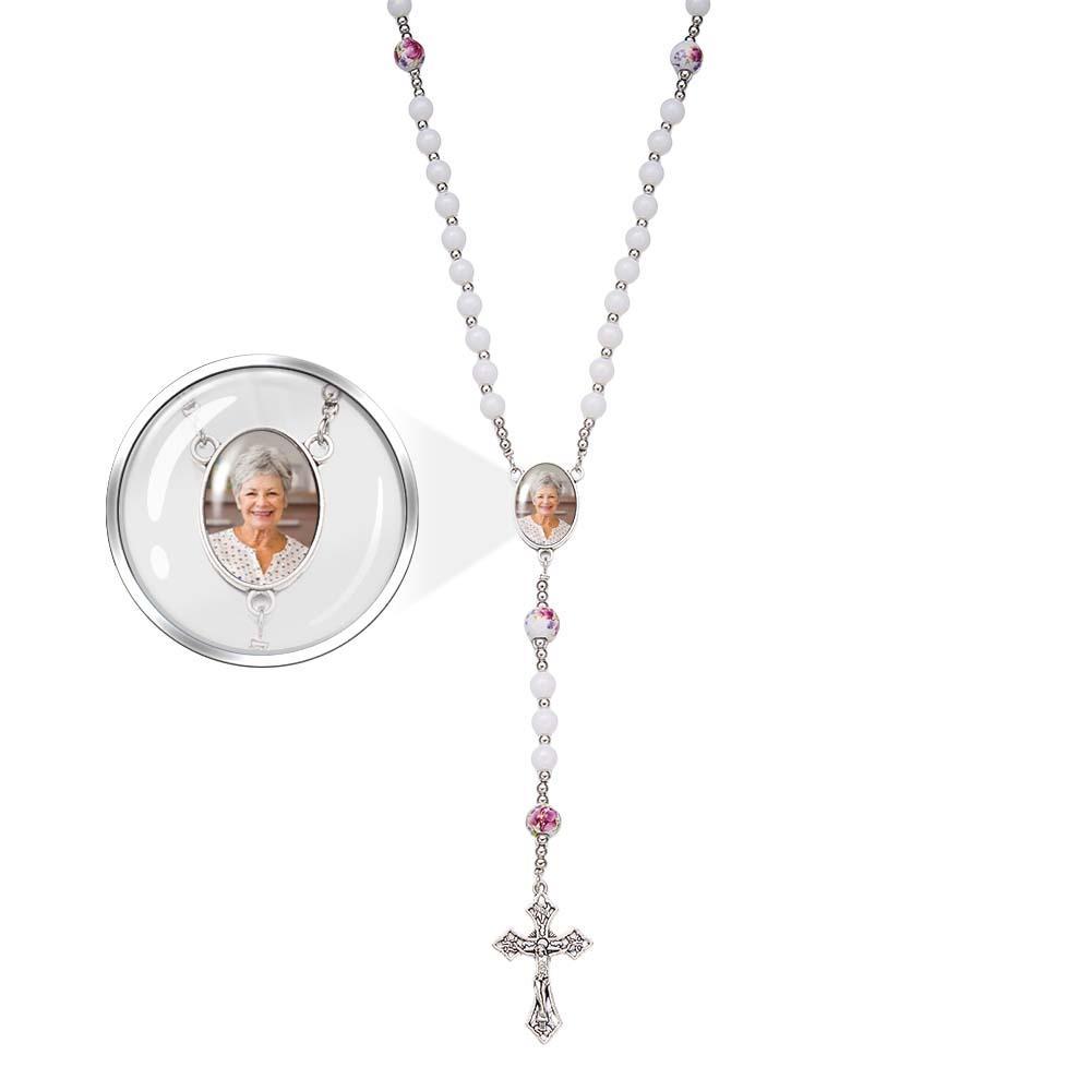 Custom Rosary Beads Cross Necklace Personalized Ceramic Rose Necklace with Photo - Myphotowallet