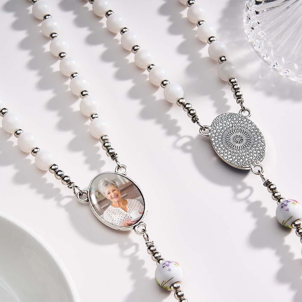 Custom Rosary Beads Cross Necklace Personalized Ceramic Rose Necklace with Photo - Myphotowallet
