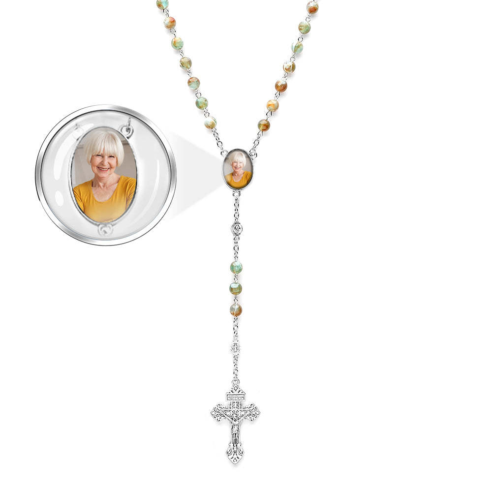 Custom Rosary Beads Cross Necklace Personalized Green Necklace with Photo - Myphotowallet