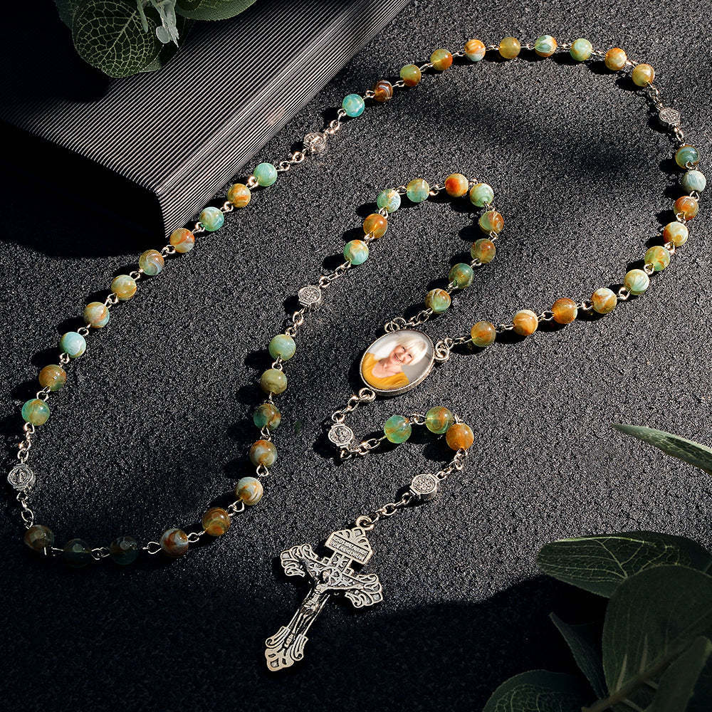 Custom Rosary Beads Cross Necklace Personalized Green Necklace with Photo - Myphotowallet