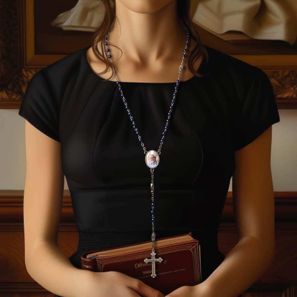 Custom Rosary Beads Cross Necklace Personalized Blue Imitation Pearls Necklace with Photo - Myphotowallet