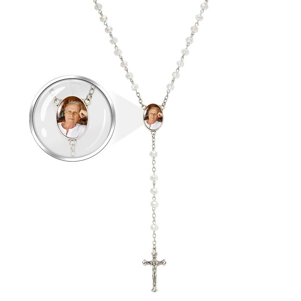 Custom Rosary Beads Cross Necklace Personalized White Color Plated Crystal Beads Necklace with Photo - Myphotowallet
