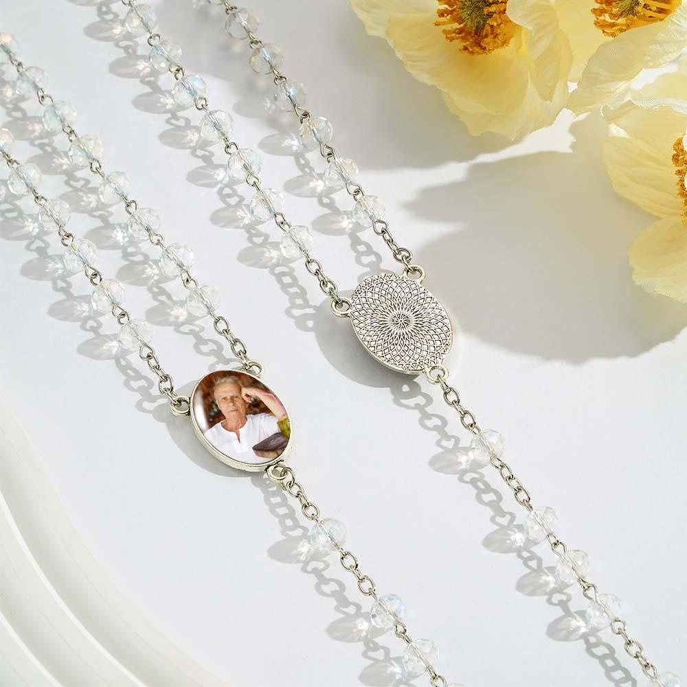 Custom Rosary Beads Cross Necklace Personalized White Color Plated Crystal Beads Necklace with Photo - Myphotowallet