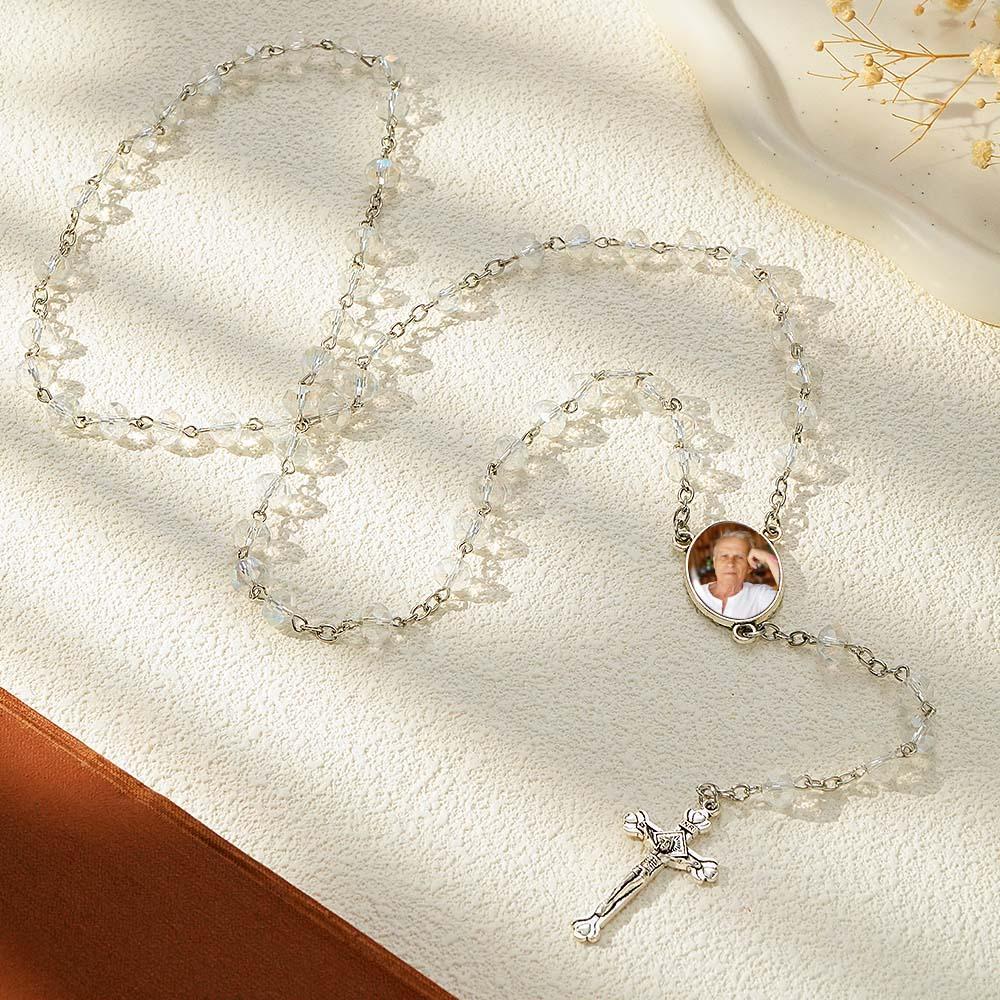 Custom Rosary Beads Cross Necklace Personalized White Color Plated Crystal Beads Necklace with Photo - Myphotowallet