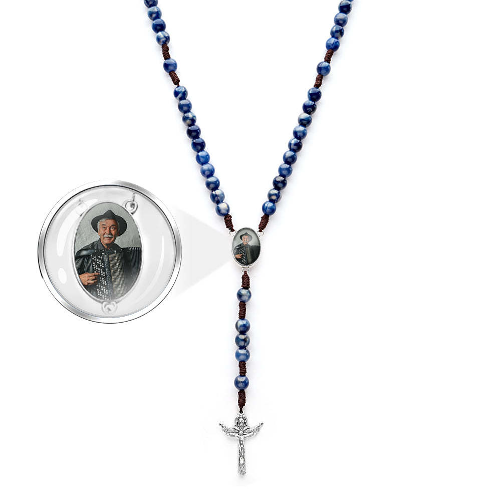 Custom Rosary Beads Cross Necklace Personalized Imitation Agate Beads Hand Woven Necklace with Photo - Myphotowallet