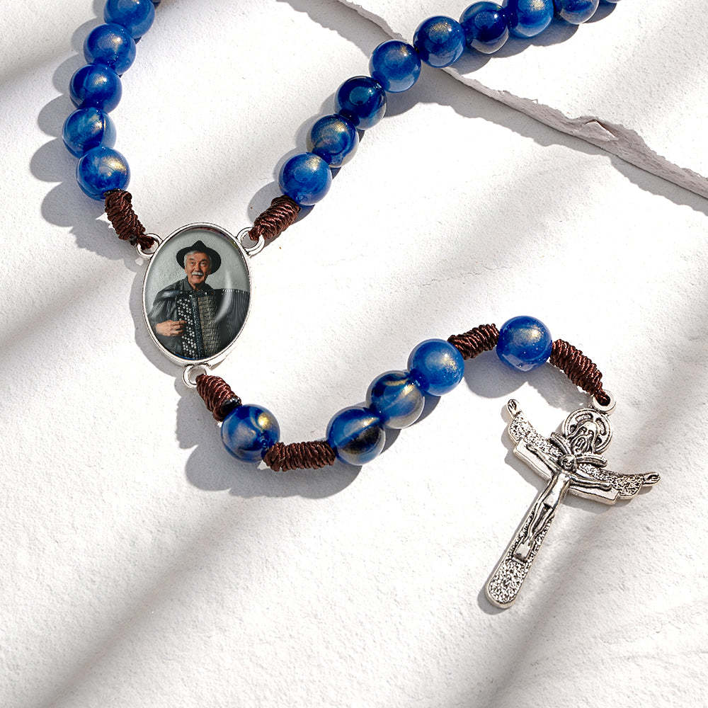 Custom Rosary Beads Cross Necklace Personalized Imitation Agate Beads Hand Woven Necklace with Photo - Myphotowallet