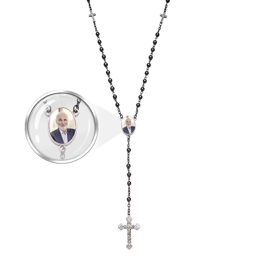Custom Rosary Beads Cross Necklace Personalized Black Gallstone Cross Necklace with Photo - Myphotowallet