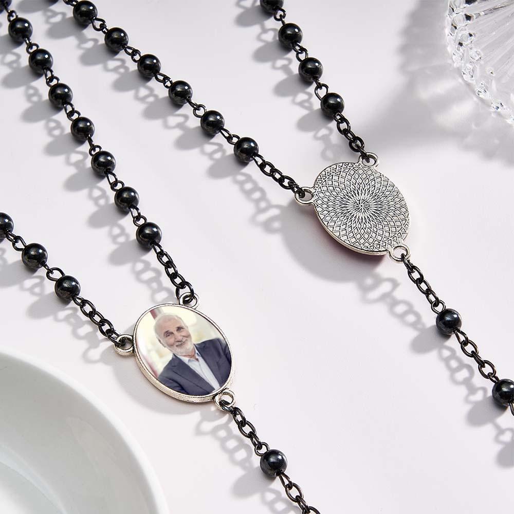 Custom Rosary Beads Cross Necklace Personalized Black Gallstone Cross Necklace with Photo - Myphotowallet
