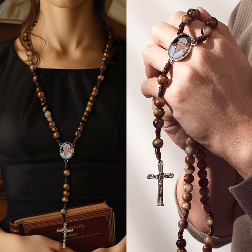 Custom Rosary Beads Cross Necklace Personalized Imitation Agate Beads Hand Woven Necklace with Photo - Myphotowallet