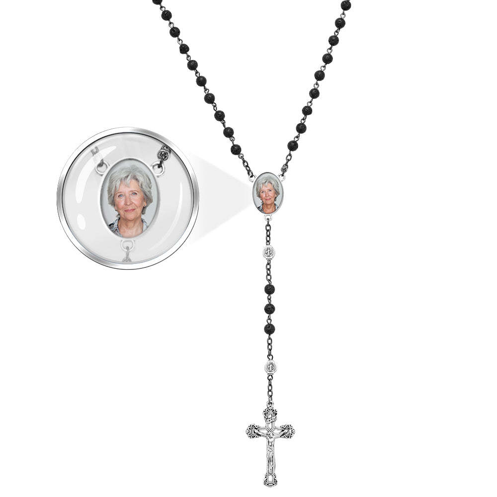 Custom Rosary Beads Cross Necklace Personalized Volcanic Stone Necklace with Photo - Myphotowallet