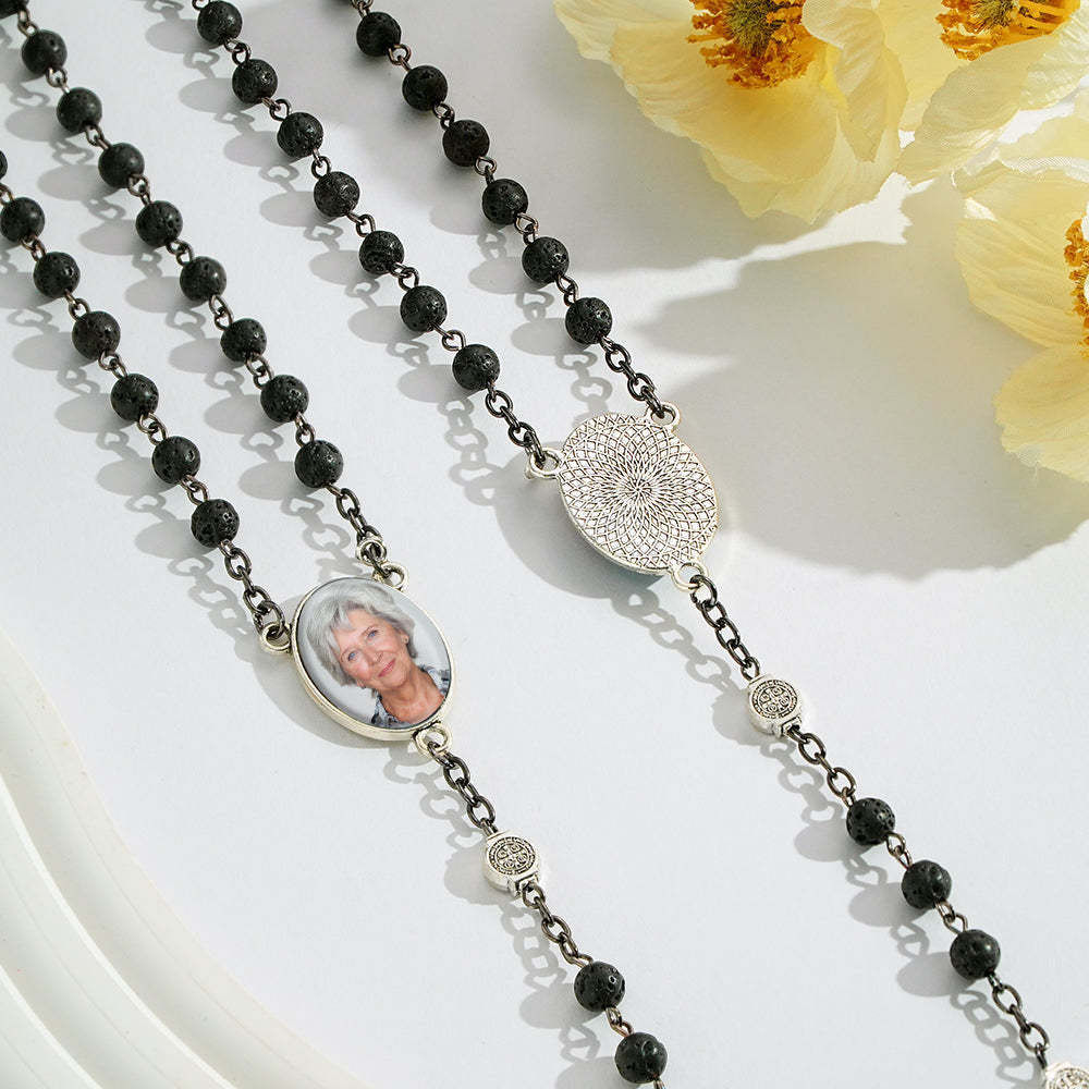 Custom Rosary Beads Cross Necklace Personalized Volcanic Stone Necklace with Photo - Myphotowallet