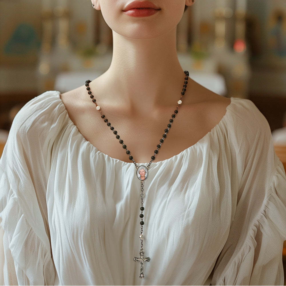 Custom Rosary Beads Cross Necklace Personalized Volcanic Stone Necklace with Photo - Myphotowallet
