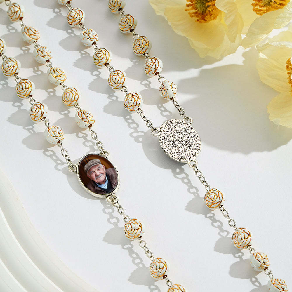Custom Rosary Beads Cross Necklace Personalized Golden Rose Beads Necklace with Photo - Myphotowallet