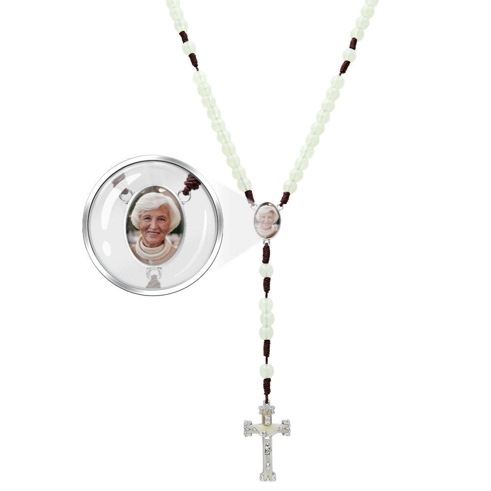 Custom Rosary Beads Cross Necklace Personalized Retro Acrylic Luminous Necklace with Photo - Myphotowallet