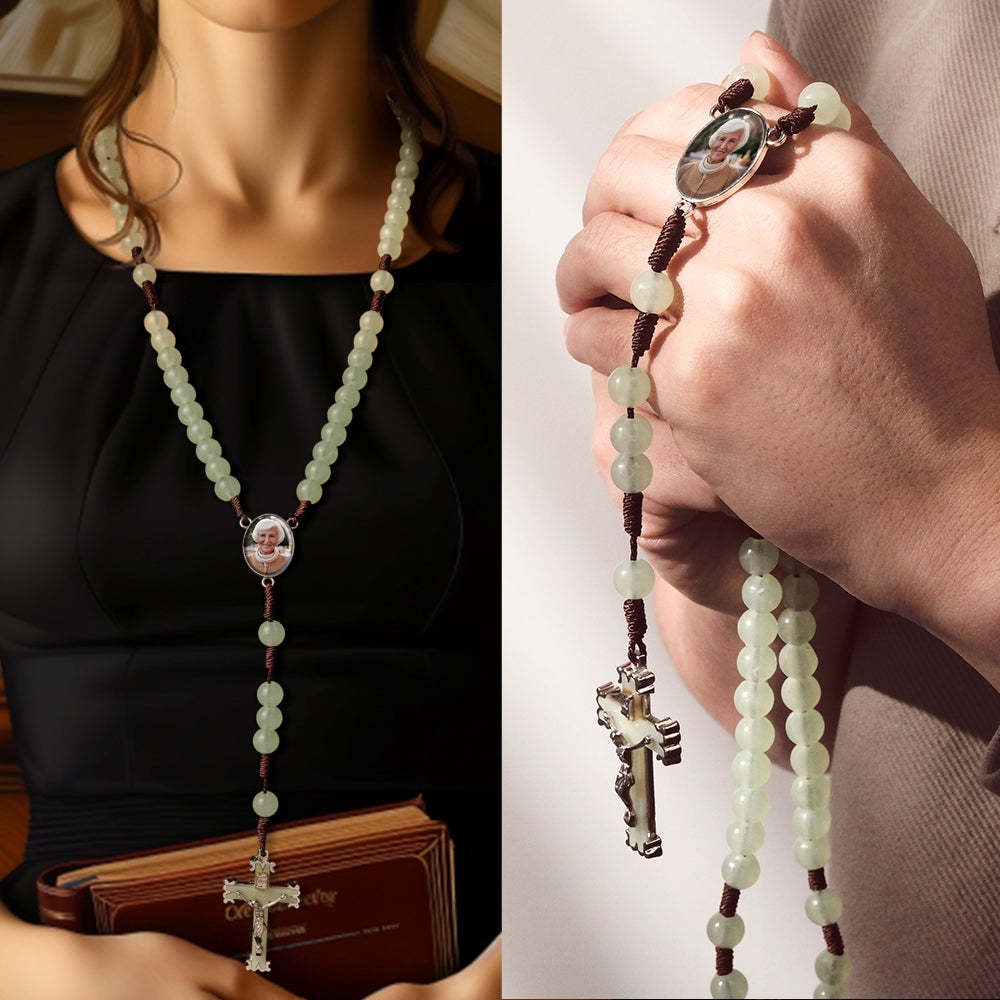 Custom Rosary Beads Cross Necklace Personalized Retro Acrylic Luminous Necklace with Photo - Myphotowallet