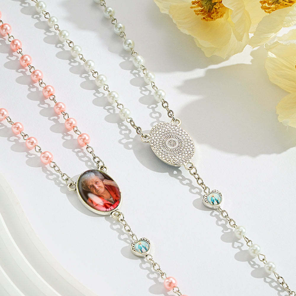 Custom Rosary Beads Necklace Personalized Glass Imitation Pearls Cross Necklace with Photo - Myphotowallet