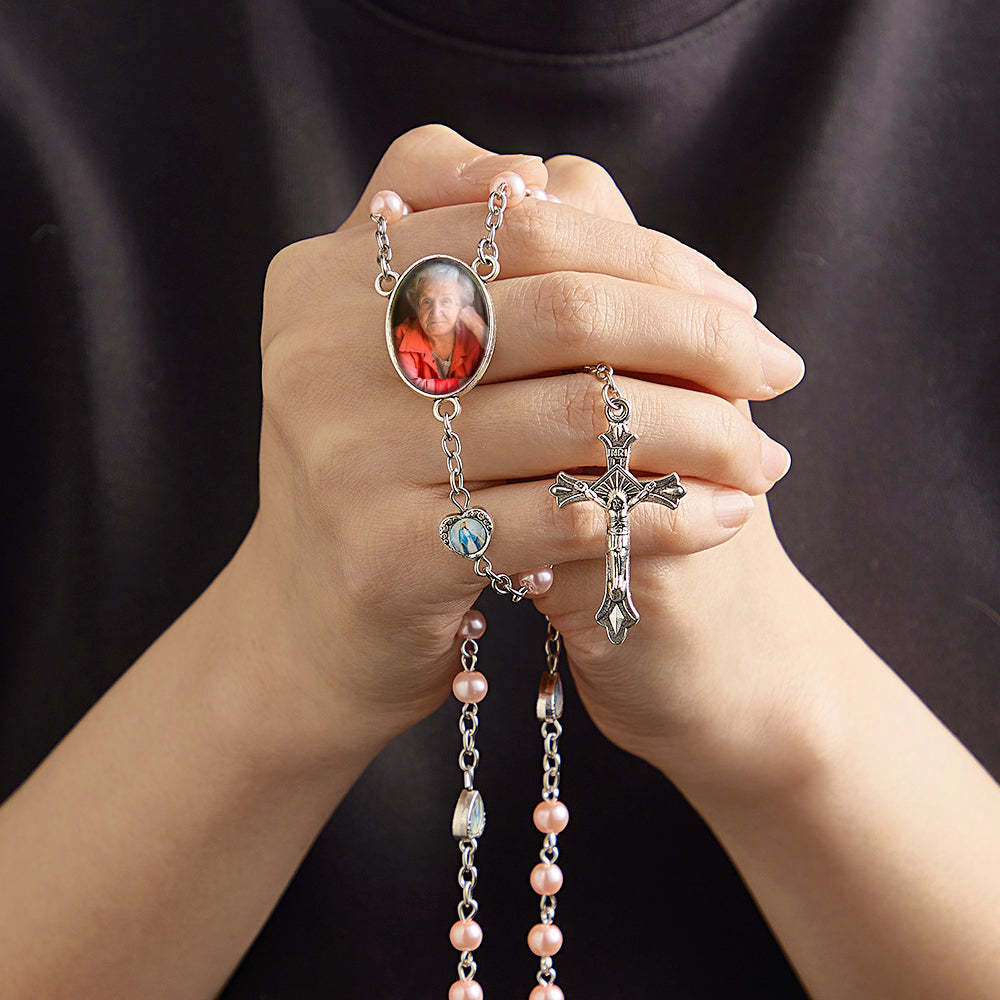 Custom Rosary Beads Necklace Personalized Glass Imitation Pearls Cross Necklace with Photo - Myphotowallet