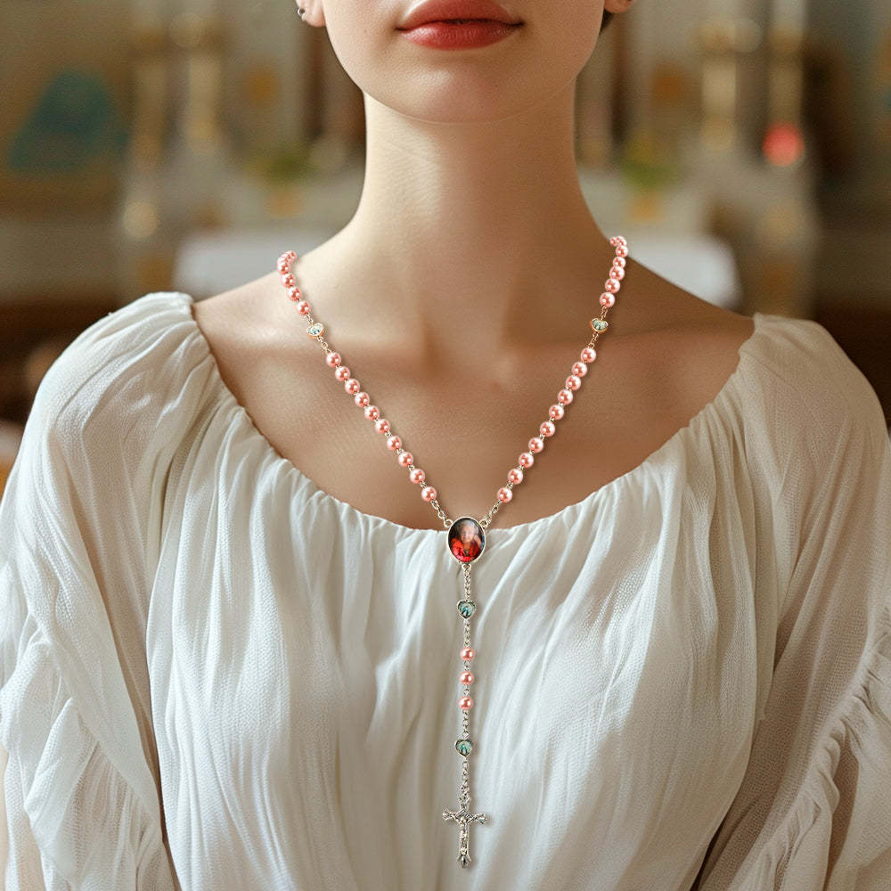 Custom Rosary Beads Necklace Personalized Glass Imitation Pearls Cross Necklace with Photo - Myphotowallet