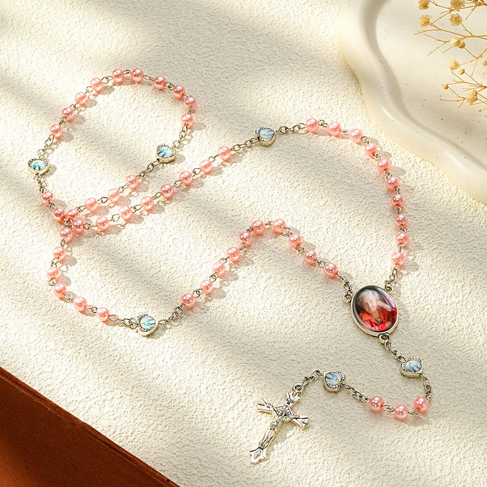 Custom Rosary Beads Necklace Personalized Glass Imitation Pearls Cross Necklace with Photo - Myphotowallet