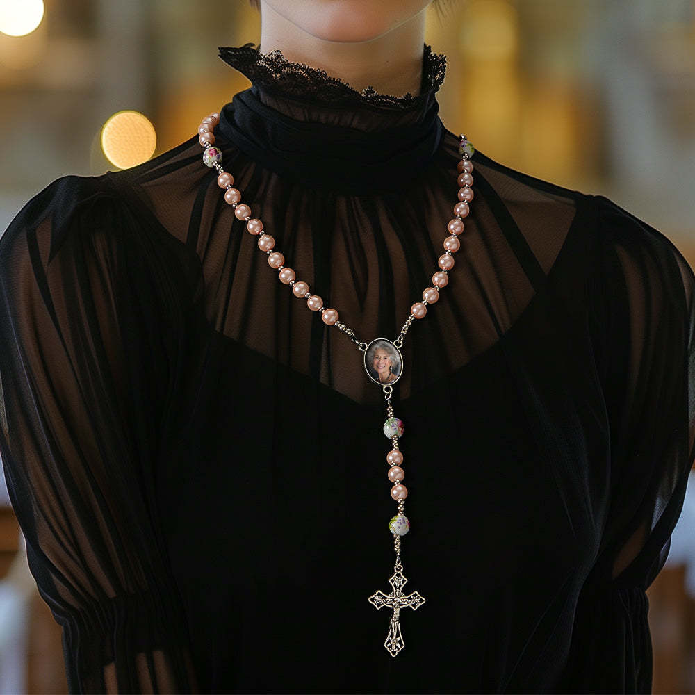 Custom Rosary Beads Cross Necklace Personalized Ceramic Rose Glass Imitation Pearl Necklace with Photo - Myphotowallet