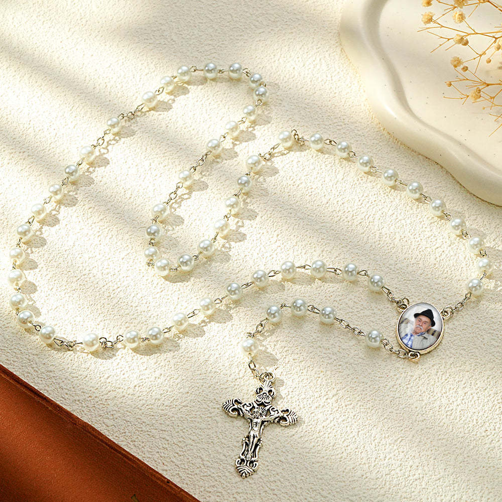 Custom Rosary Beads Cross Necklace Personalized White Imitation Pearls Necklace with Photo - Myphotowallet