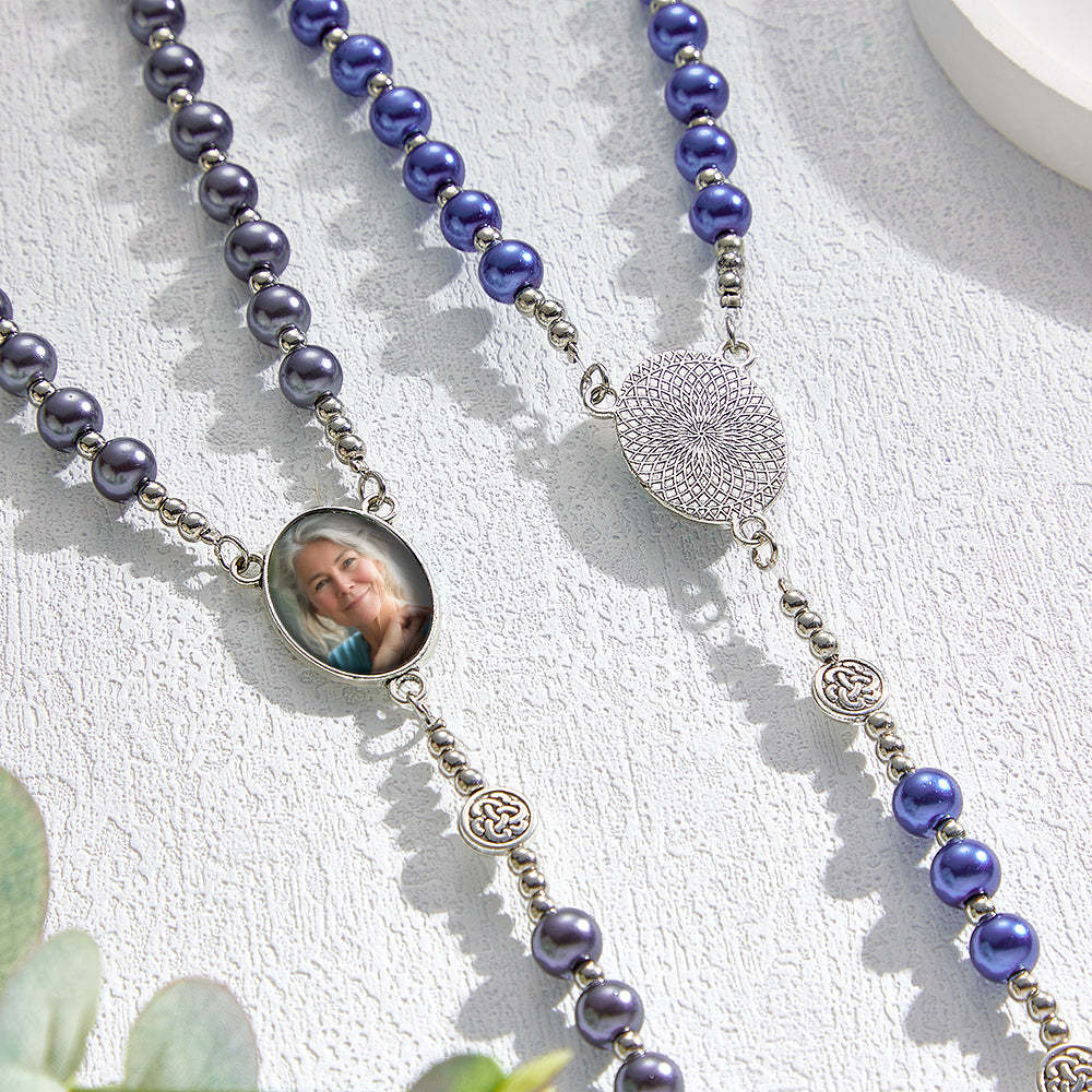 Custom Rosary Beads Cross Necklace Personalized Retro Glass Imitation Pearl Hollow Necklace with Photo - Myphotowallet