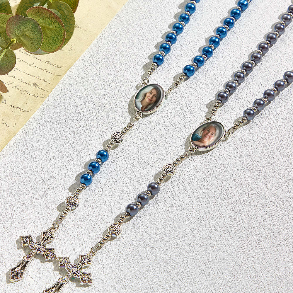 Custom Rosary Beads Cross Necklace Personalized Retro Glass Imitation Pearl Hollow Necklace with Photo - Myphotowallet