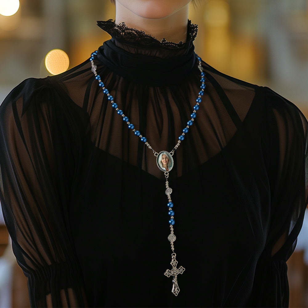 Custom Rosary Beads Cross Necklace Personalized Retro Glass Imitation Pearl Hollow Necklace with Photo - Myphotowallet