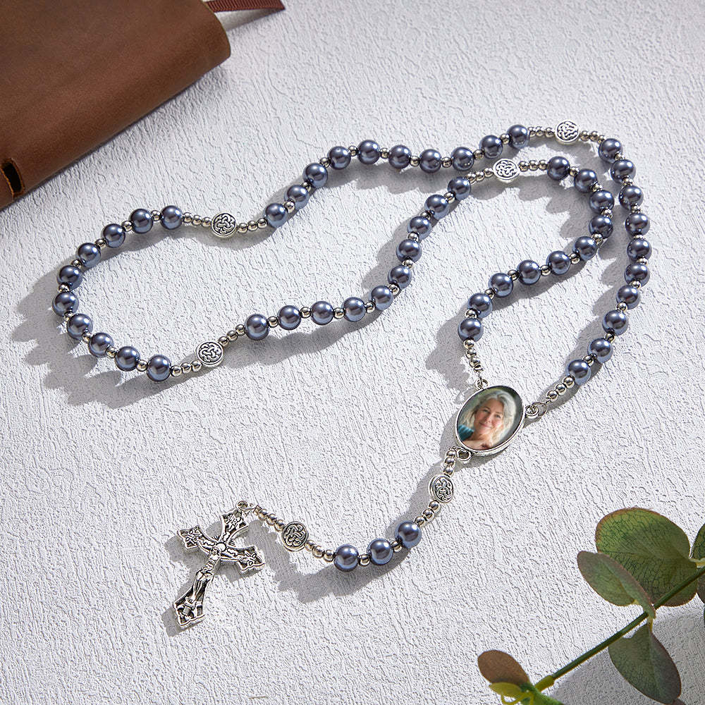 Custom Rosary Beads Cross Necklace Personalized Retro Glass Imitation Pearl Hollow Necklace with Photo - Myphotowallet