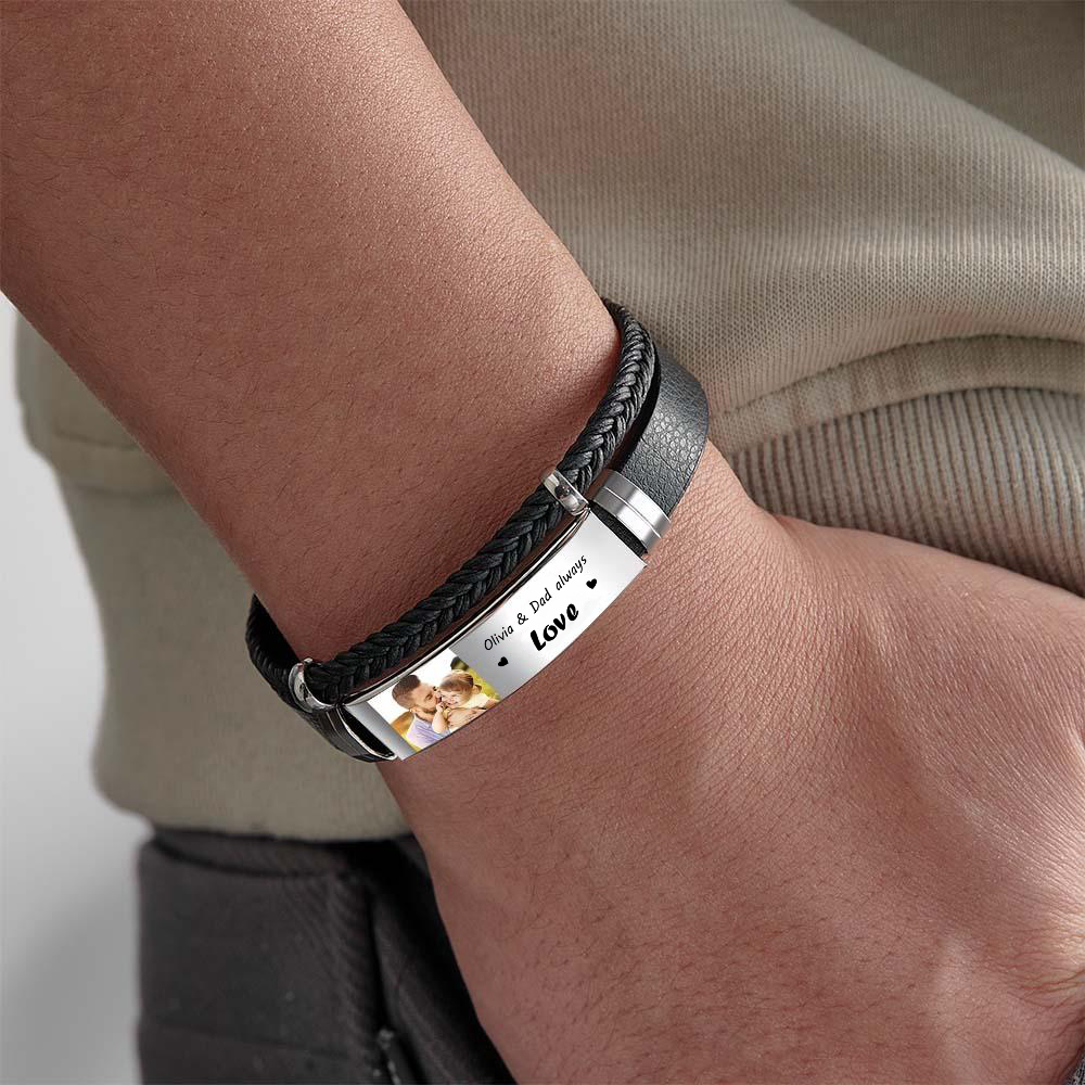 Personalized Photo Leather Bracelet With Text Braided Bangle Father's Day Gifts