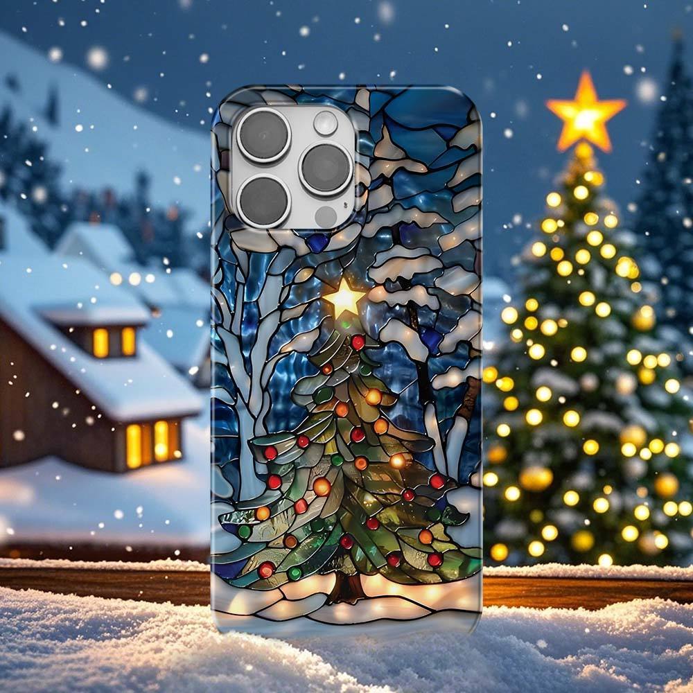 Christmas Tree Phone Case Faux Stained Glass Winter Forest Cover Christmas Gift for Galaxy S 24 23 22 21 Pixel 5 6 7 8 iPhone 15 14 13 12 11