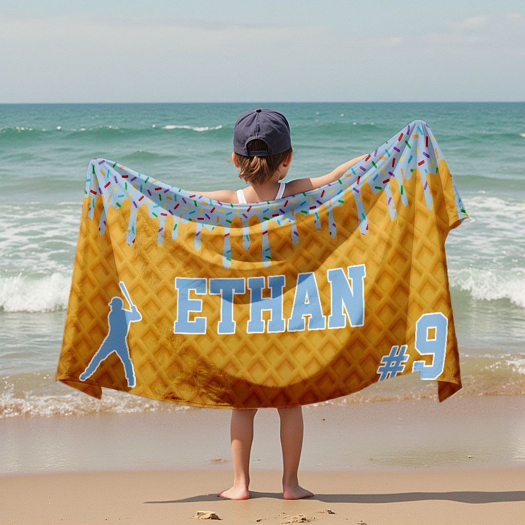 Custom Ice Cream Drip Baseball Beach Towel For Boys Personalized Drip Beach Towel Team Gift Youth Baseball Gift - 
