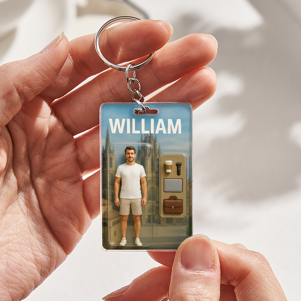 3D Effect Action Figure Pack Packaging Toy Box Style Art Gift Personalised Acrylic Keychain Gift for Dad Father's Day Gift