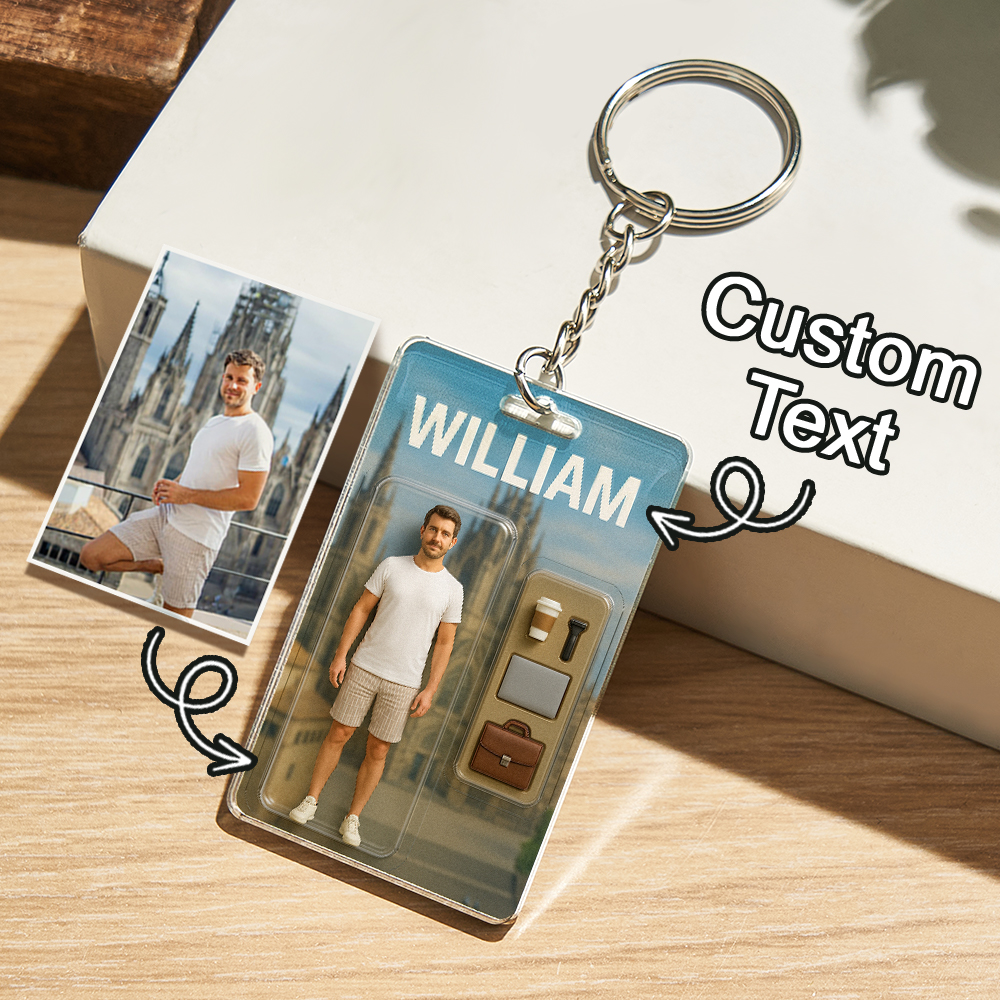 3D Effect Action Figure Pack Packaging Toy Box Style Art Gift Personalised Acrylic Keychain Gift for Dad Father's Day Gift