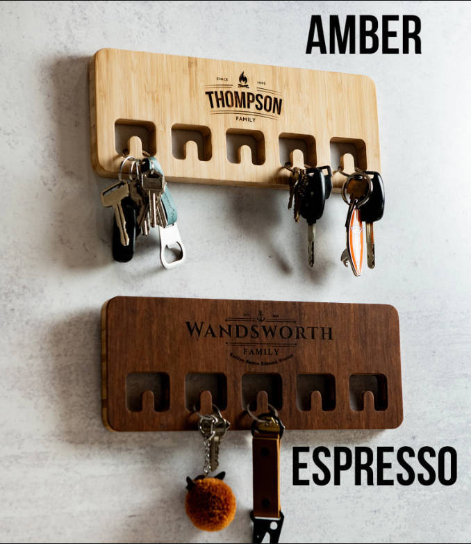 Wood Wall Mount For Keychains - Personalized Engraved Family Names - 