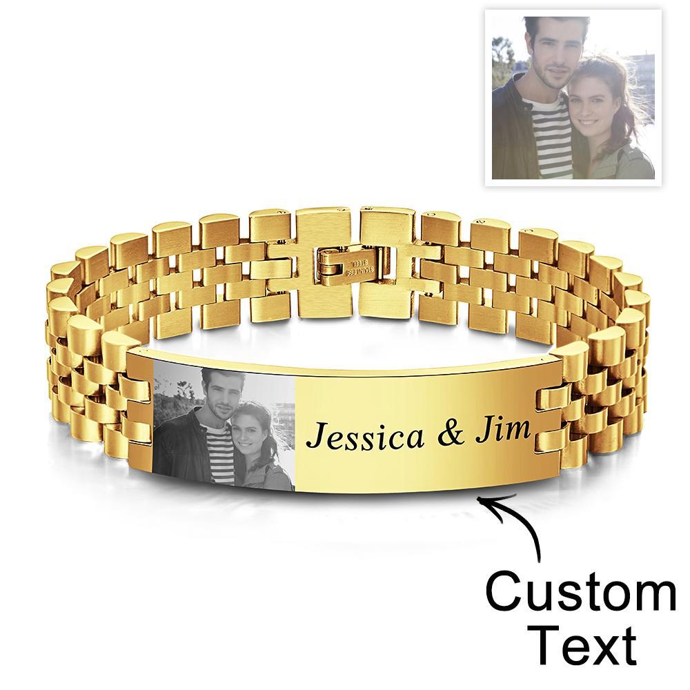 Personalized Photo Wide Bracelet With Text Engraved Vintage Bracelet Gifts For Him - 