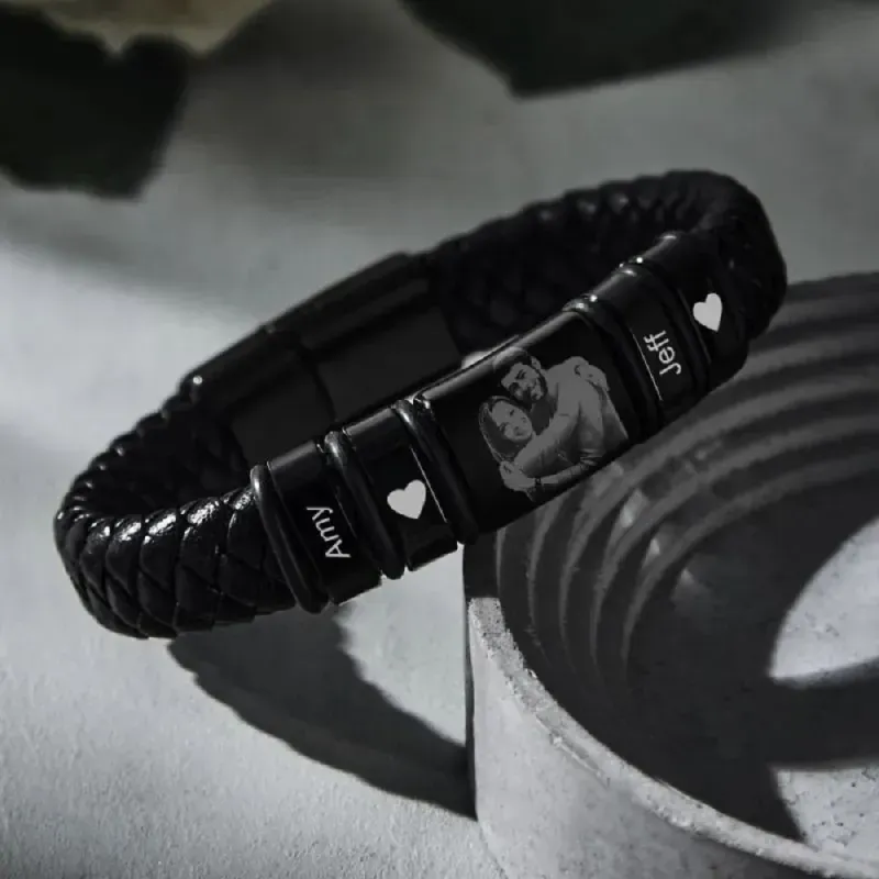 Men's Bracelet Custom Photo Engraved Bracelet Leather Bracelet Gifts for Him - 