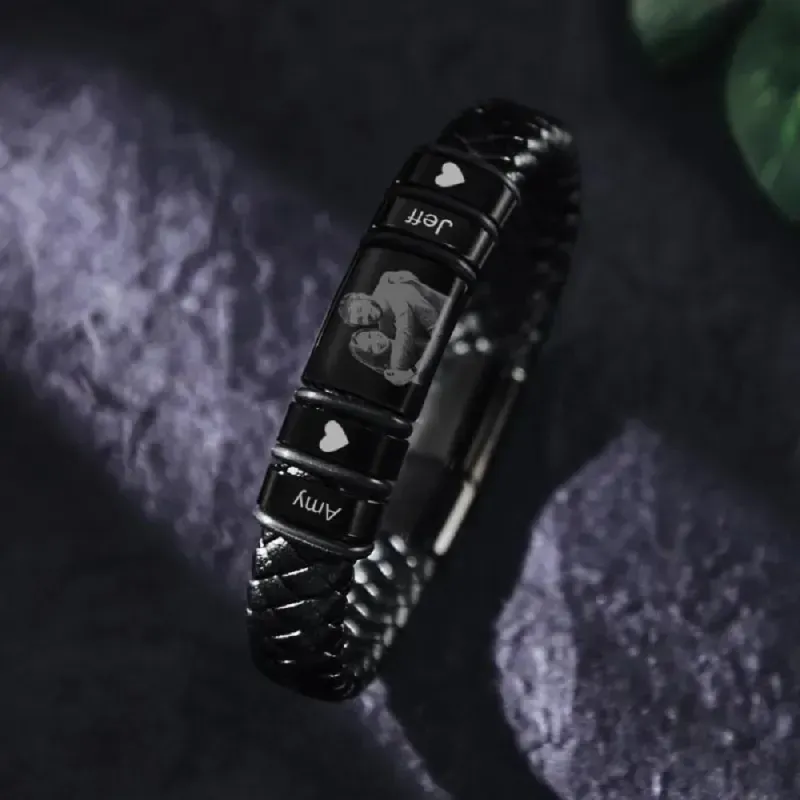 Men's Bracelet Custom Photo Engraved Bracelet Leather Bracelet Gifts for Him - 