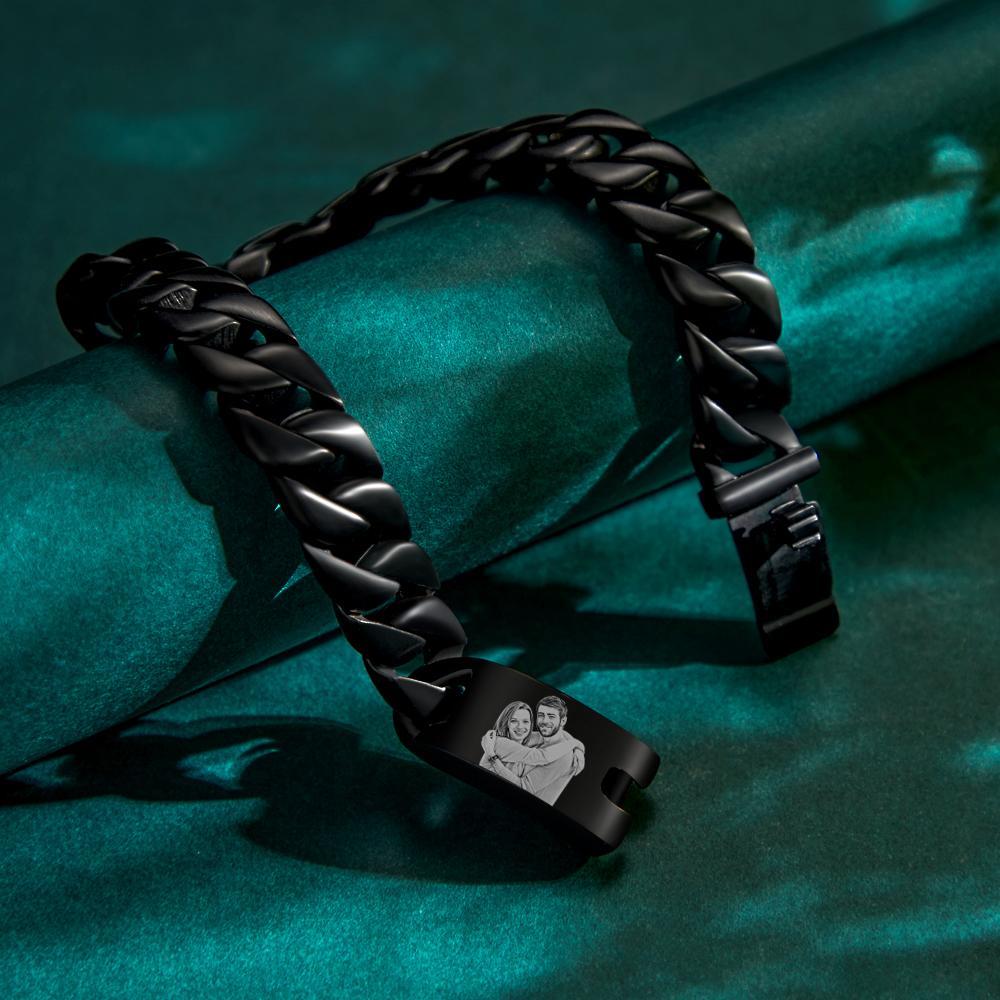 Gifts For Him Custom Photo Engraved Thick Chain Bracelet Punk Bracelet with Name Engraved - 