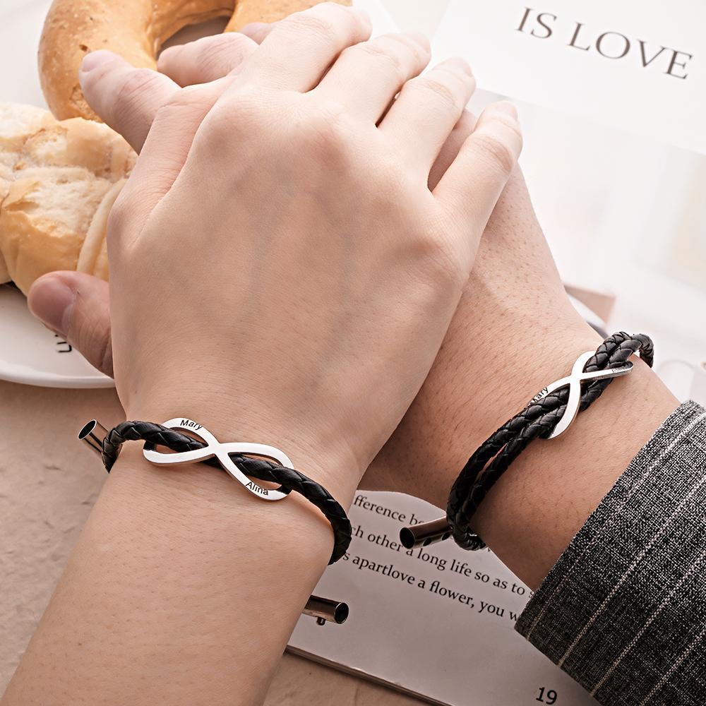 Engraved Infinity Sign Bracelet Set Personalized Leather Bracelet For CouplesValentine's Day - 