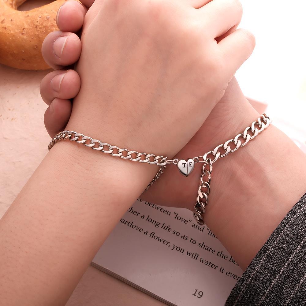 Custom Engraved Magnetic Bracelet Set Heart Shaped Matching Bracelet For CouplesValentine's Day - 